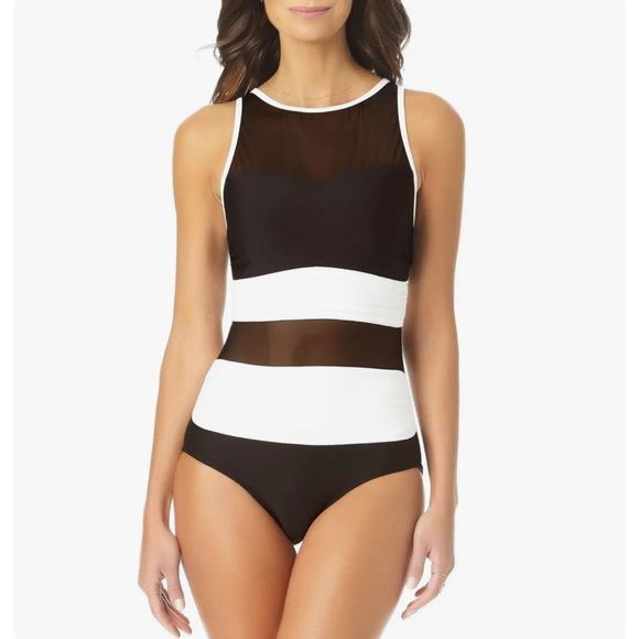 Anne Cole Other - Anne Cole BLACK/WHITE High Neck Mesh One Piece Swimsuit, US 16